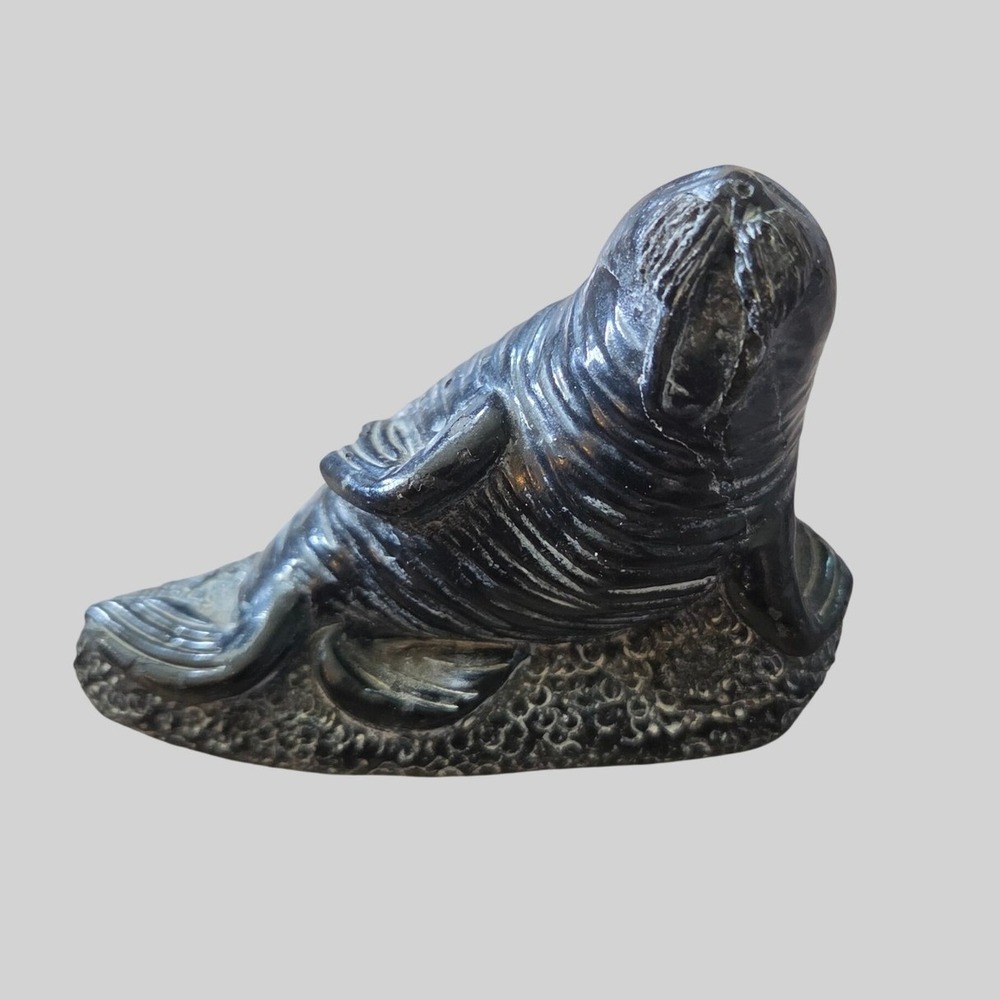 Walrus Figurine Soapstone-Style Vintage 1980s Black Marine Coastal Nautical